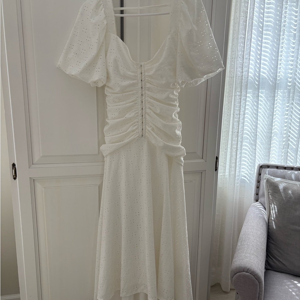 Perfect white pointelle midi drop waist bridal shower dress - Picture 4 of 10